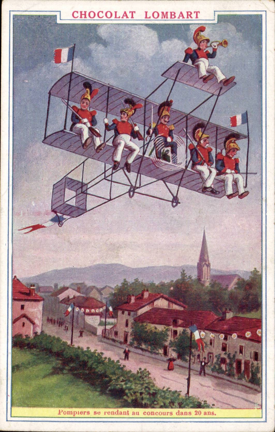 CPA Chocolate Lombart Firemen going to the contest in 20 years (Plane planes humor)