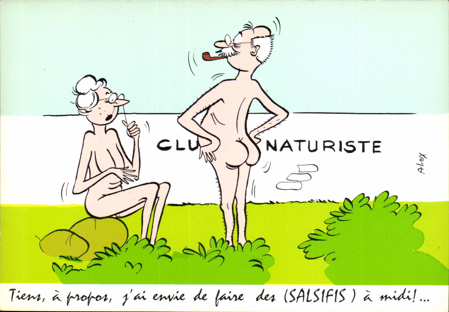CPA Humour Club naturiste Tiens a propos j'ai envie de faire des salsifis a midi Illustrateur Alexandre