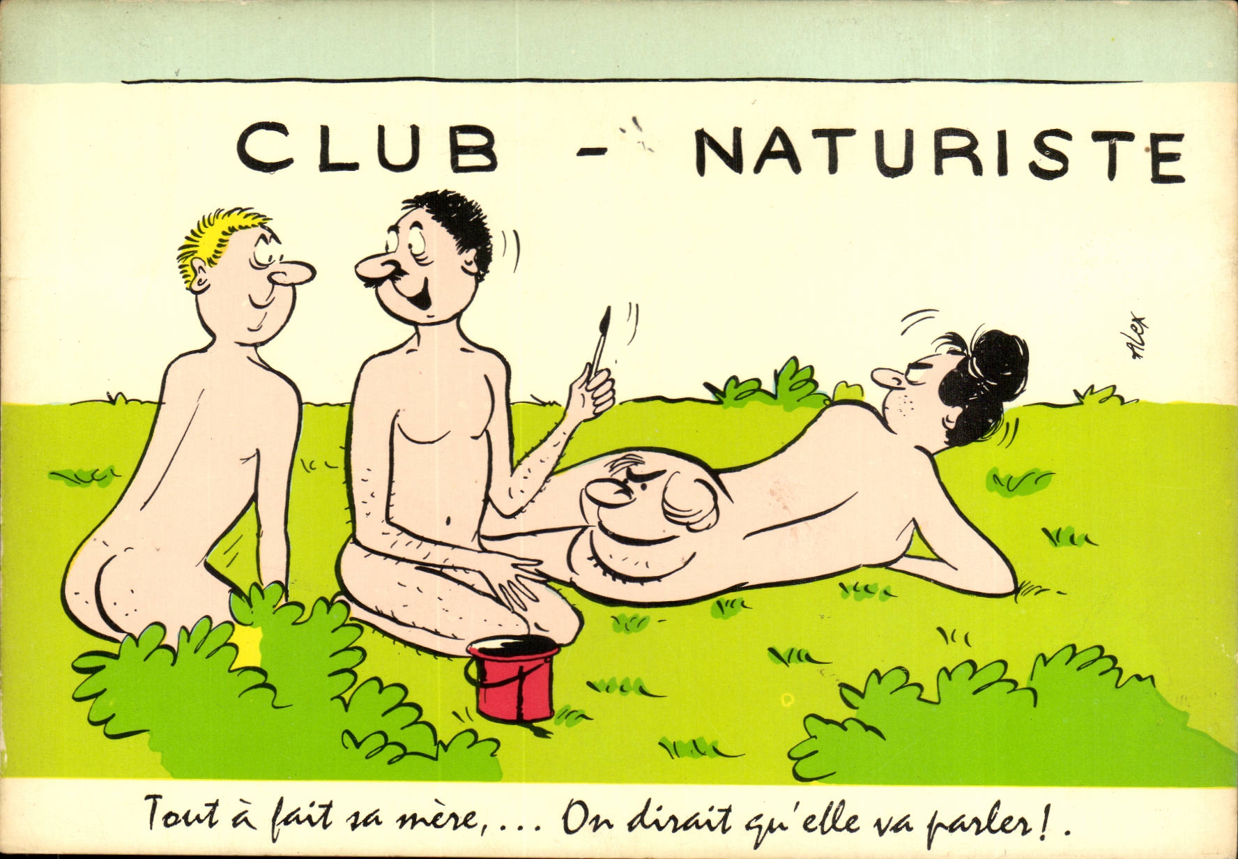CPA Humour Club naturiste Tou a fait sa mere On dirait qu'elle va parler ! Illustrateur Alexandre