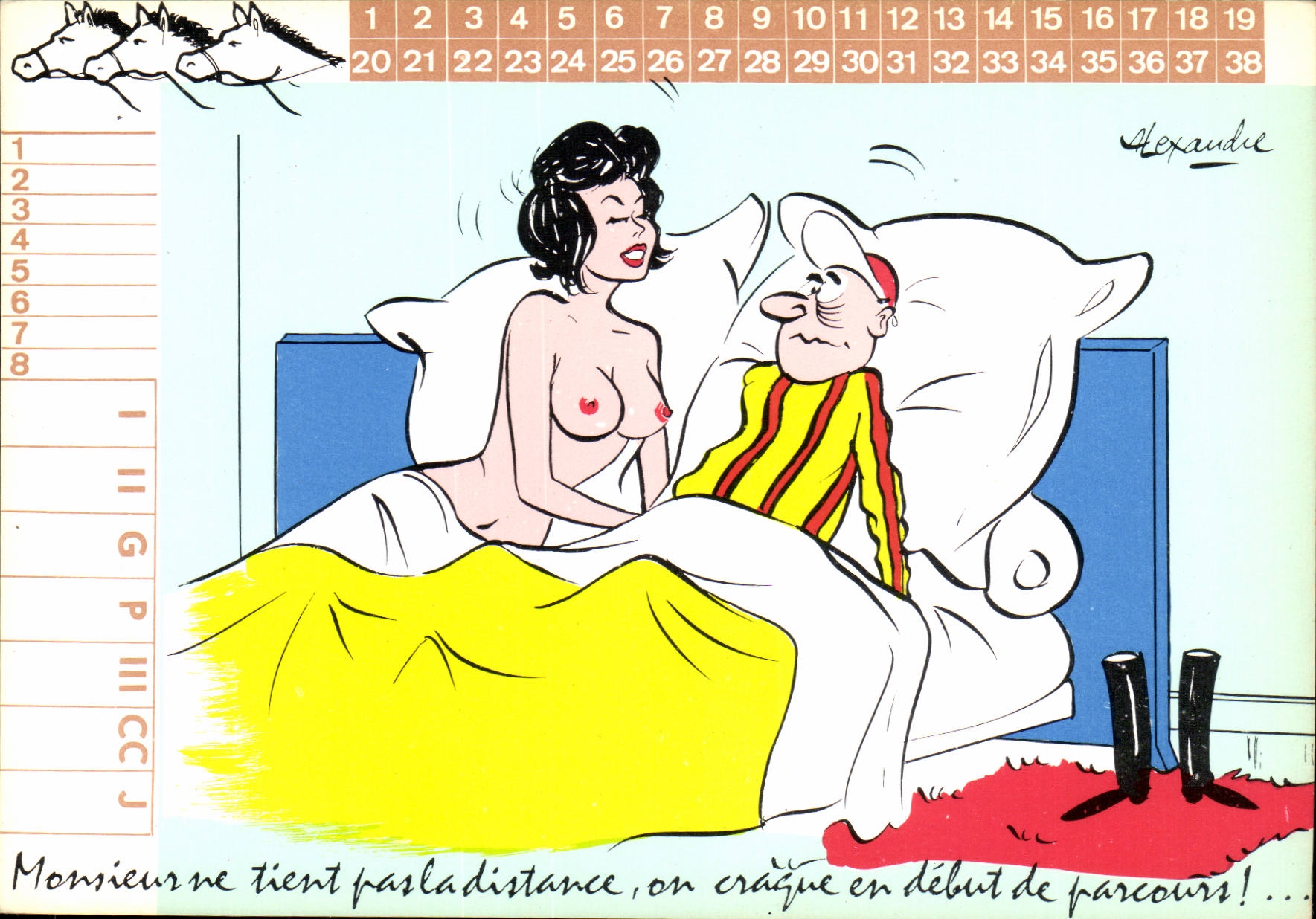 CPA Humour Monsieur ne tient pas la distance on craque en debut de parcours illustrateur Alexandre Jockey cheval