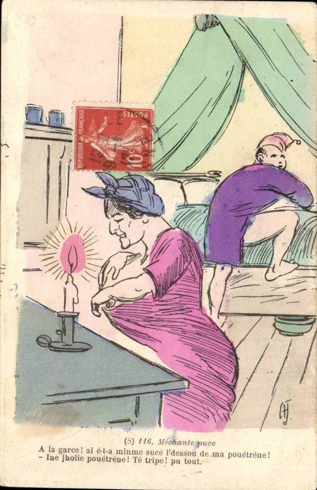 CPA Humour MEchante puce ah la garce al e ta mnme suce l'dessou de ma pouetrene !