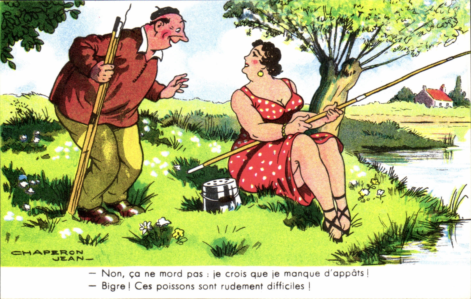 CPA non ca ne mord pas je croiq que ke manque d'appats ces poissons Peche Illustrateur Jean Chaperon Humour 