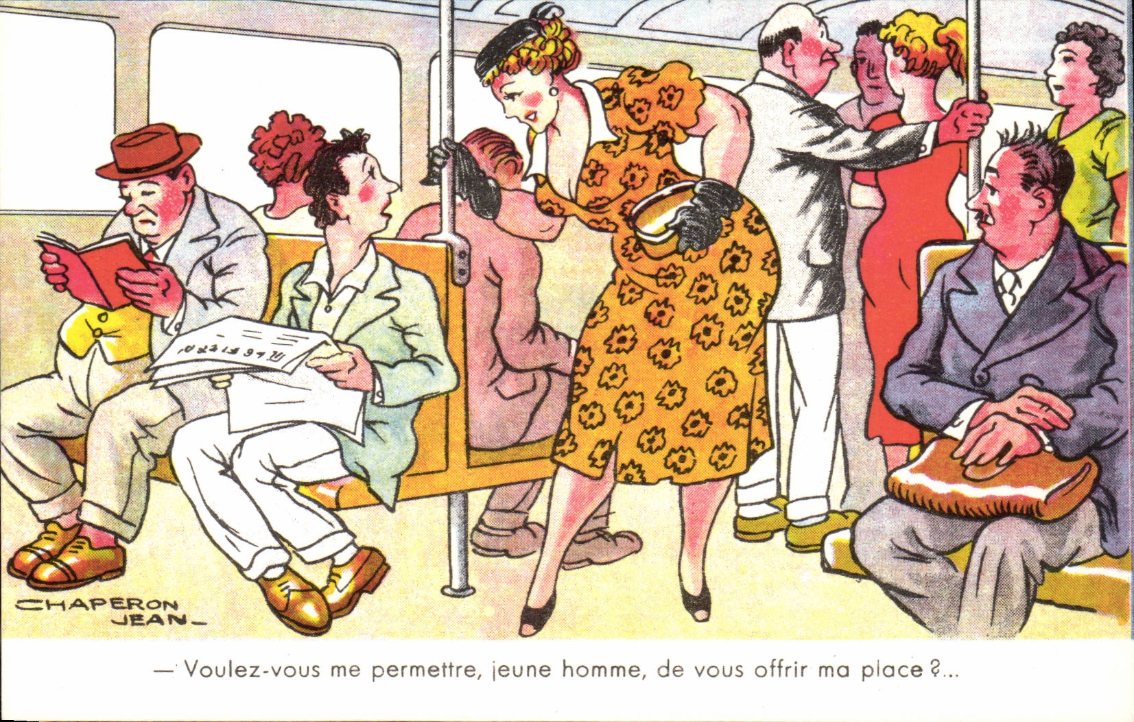 CPA Voulez vous me permettre jeune homme de vous offrir ma place Illustrateur Jean Chaperon Humour 