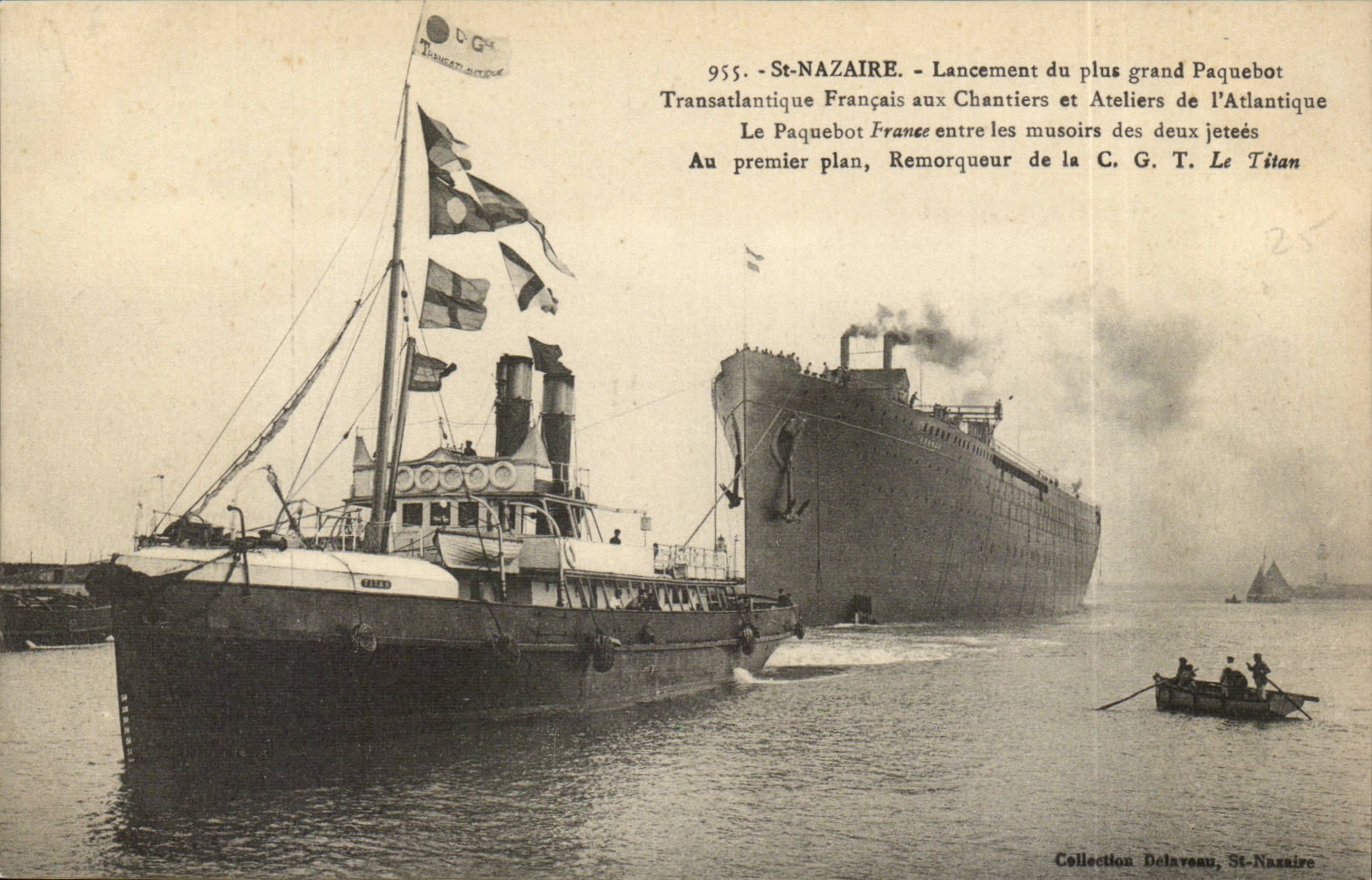 CPA Launching of France the largest French steamer Titan tug boat