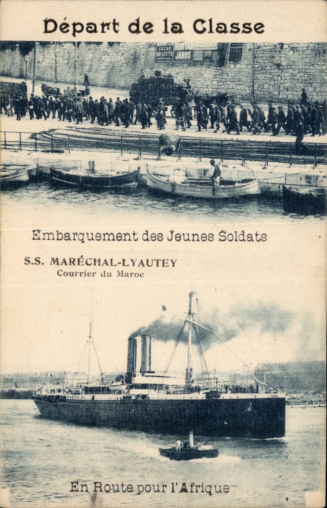 CPA Steamer Departure of the class Loading of the young soldiers S Lyautey Marshal On the way Africa Morocco Mail