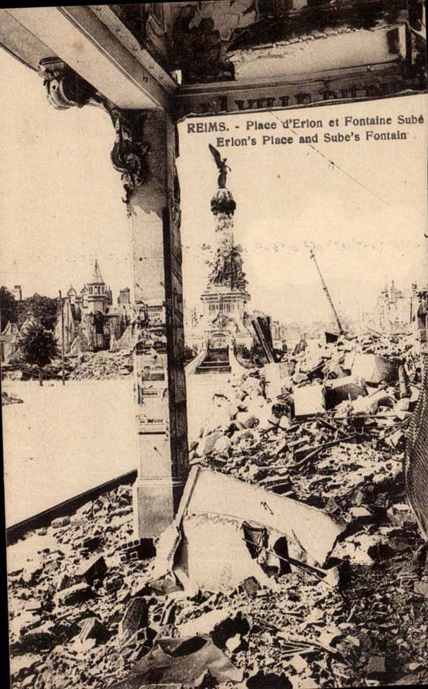 Reims CPA War of 1914 Place Drouet d' Erion and Sube fountain