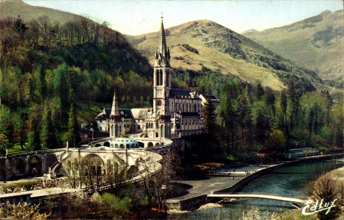 Lourdes CPA the basilica Gave and the new bridge inaugurates on March 25th 1966