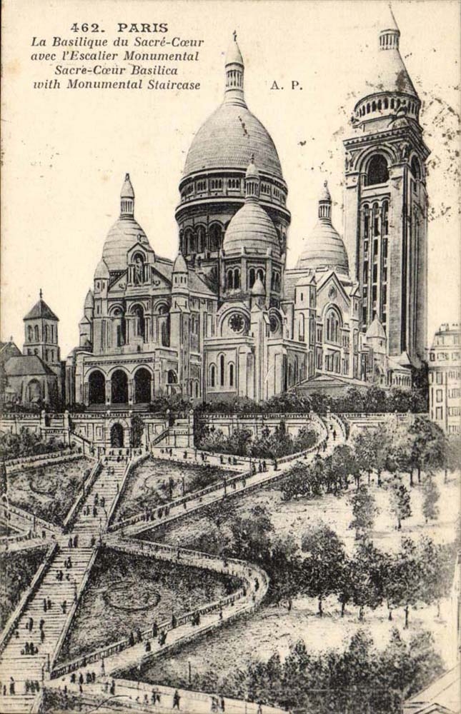 Paris CPA La basilique du sacre Coeur avec l'escalier monumental