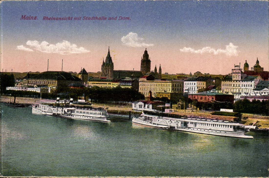 Germany Mainz CPA Rheinansicht put Stadthalle und Dom