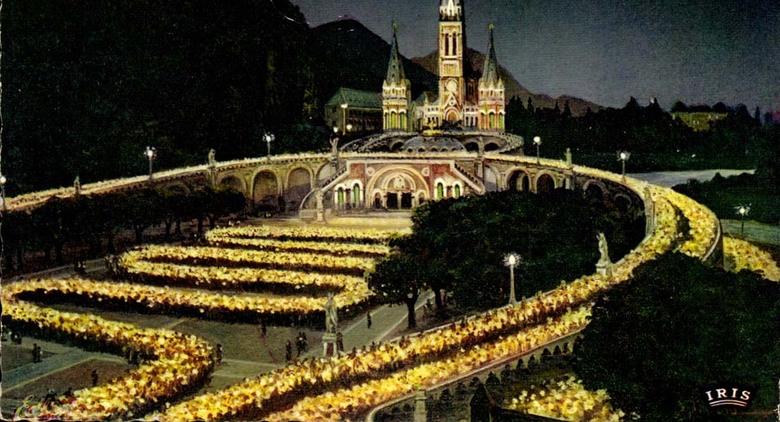 Lourdes CPA the basilica illuminee and the procession with the torches