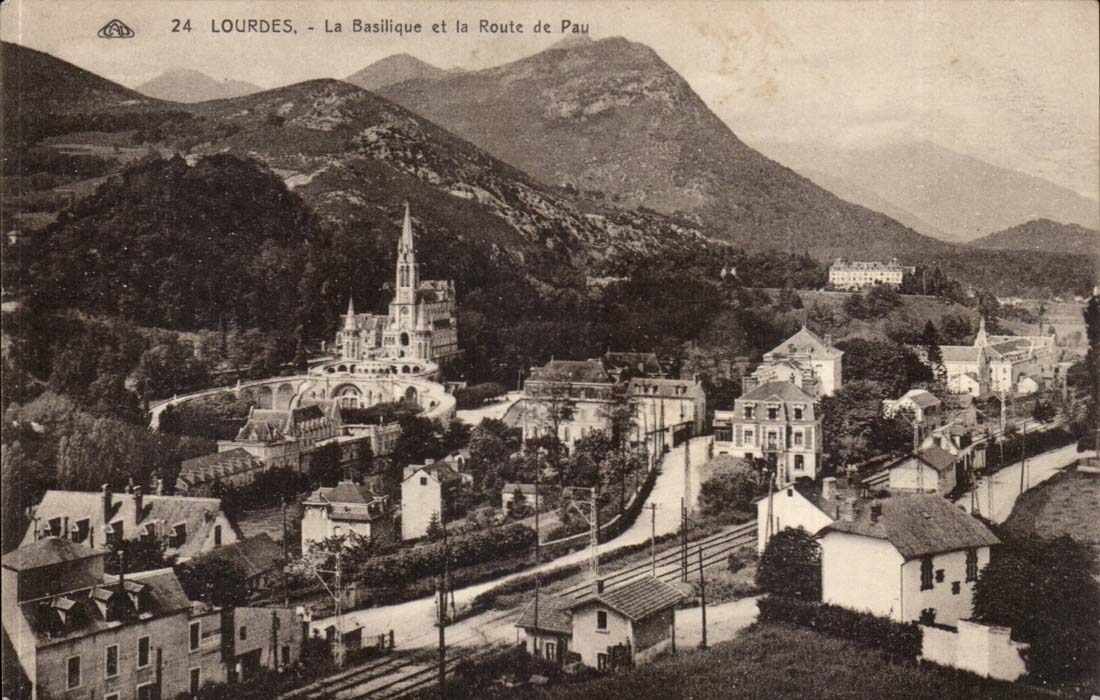 Lourdes CPA the basilica and the road of Pau