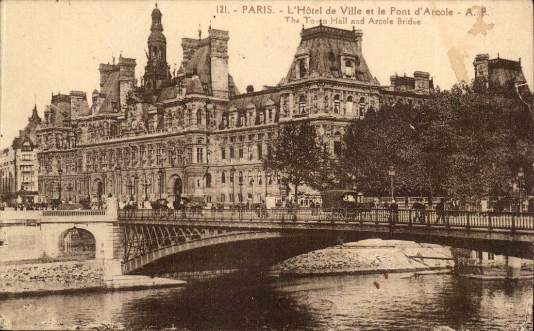Paris CPA das Rathaus und die Brucke von Arcole