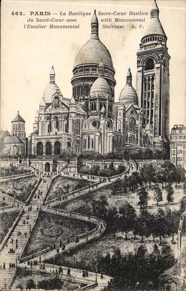 Paris CPA Basilique du Sacre Coeur avec l'escalier monumental (Montmatre)
