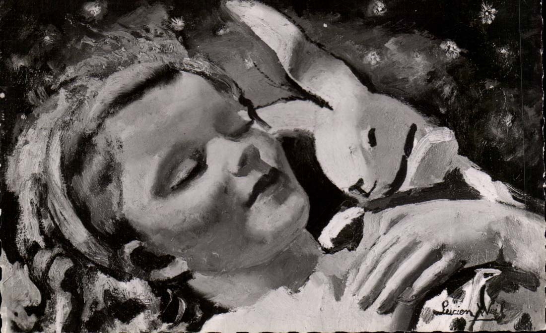 Fantasy - Children with rabbit - child snugging with rabbit - CPA