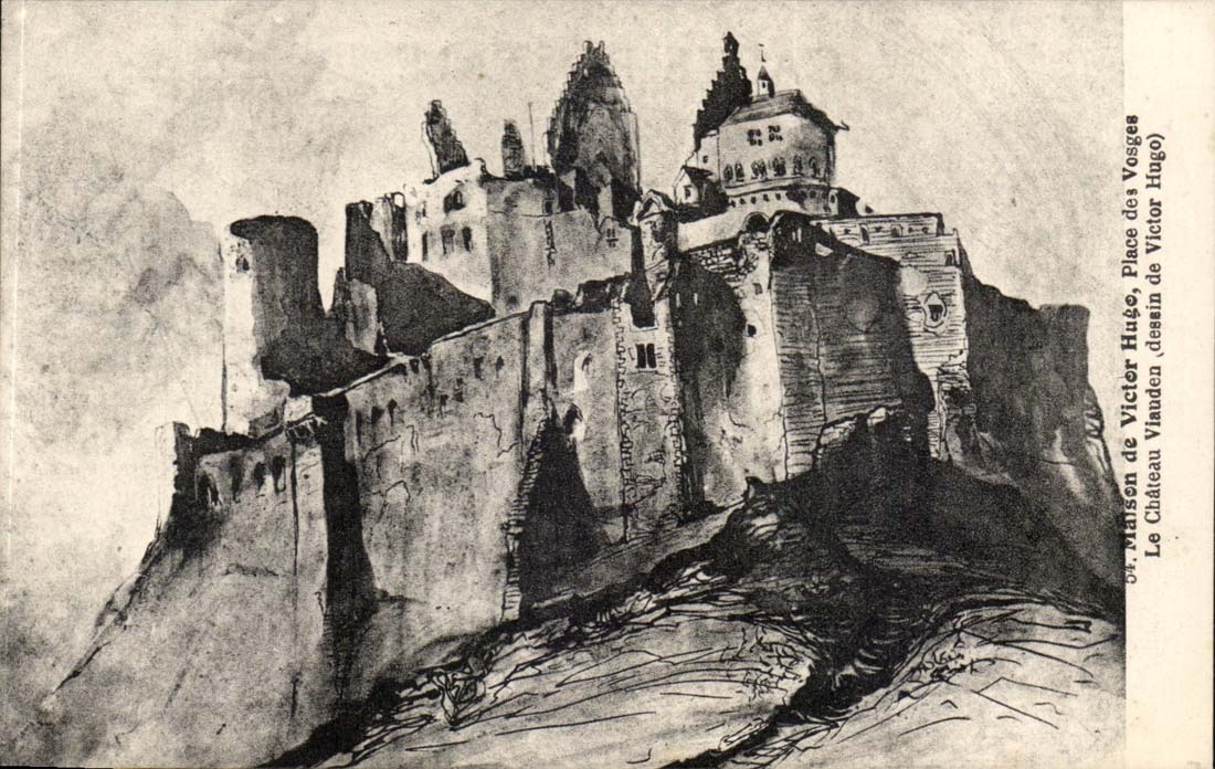 Paris - 3 - House of Victor Hugo Places of Vosages the Castle Viauden drawing of Victor Hugo - CPA