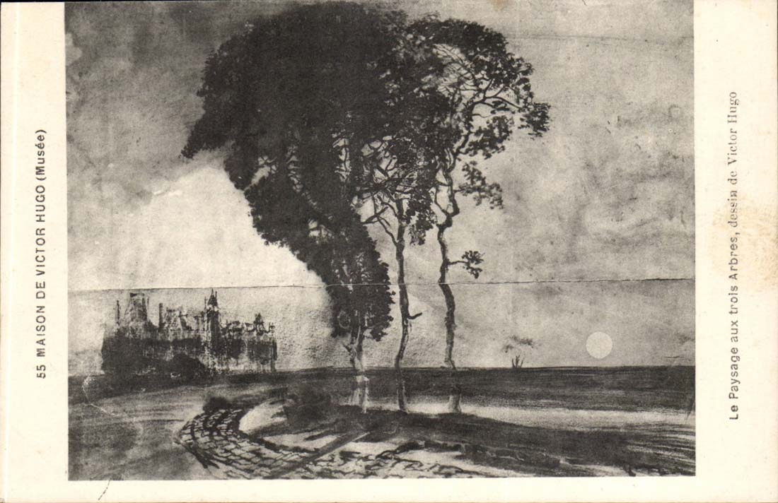 Paris - 3 - House of Victor Hugo Places of Vosages - Landscape with the Three Trees drawing of Victor Hugo - CPA
