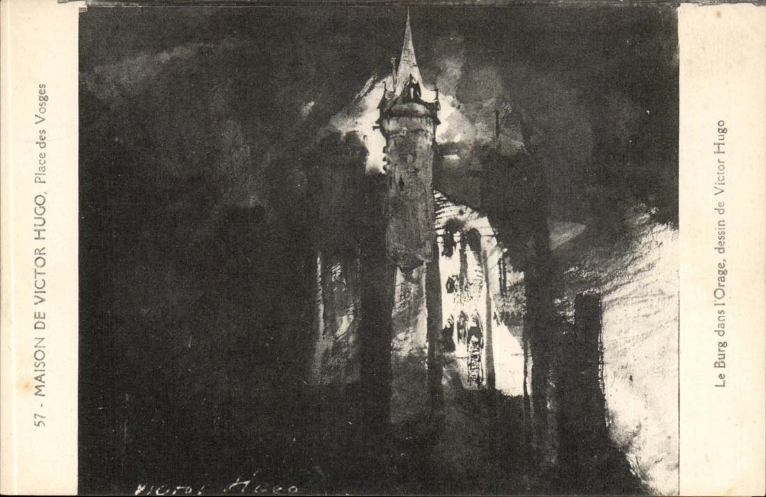 Paris - 3 - House of Victor Hugo Places of Vosages - Burg in the Storm - drawing of Victor Hugo - CPA