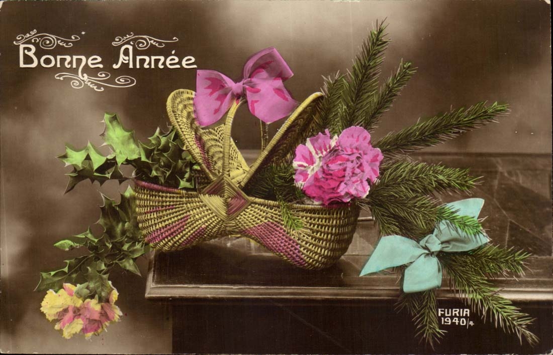 imagination - Festival 'Good Anne - Basket - Tennis shoe filled to the brim with holly flowers and fucks branches - CPA