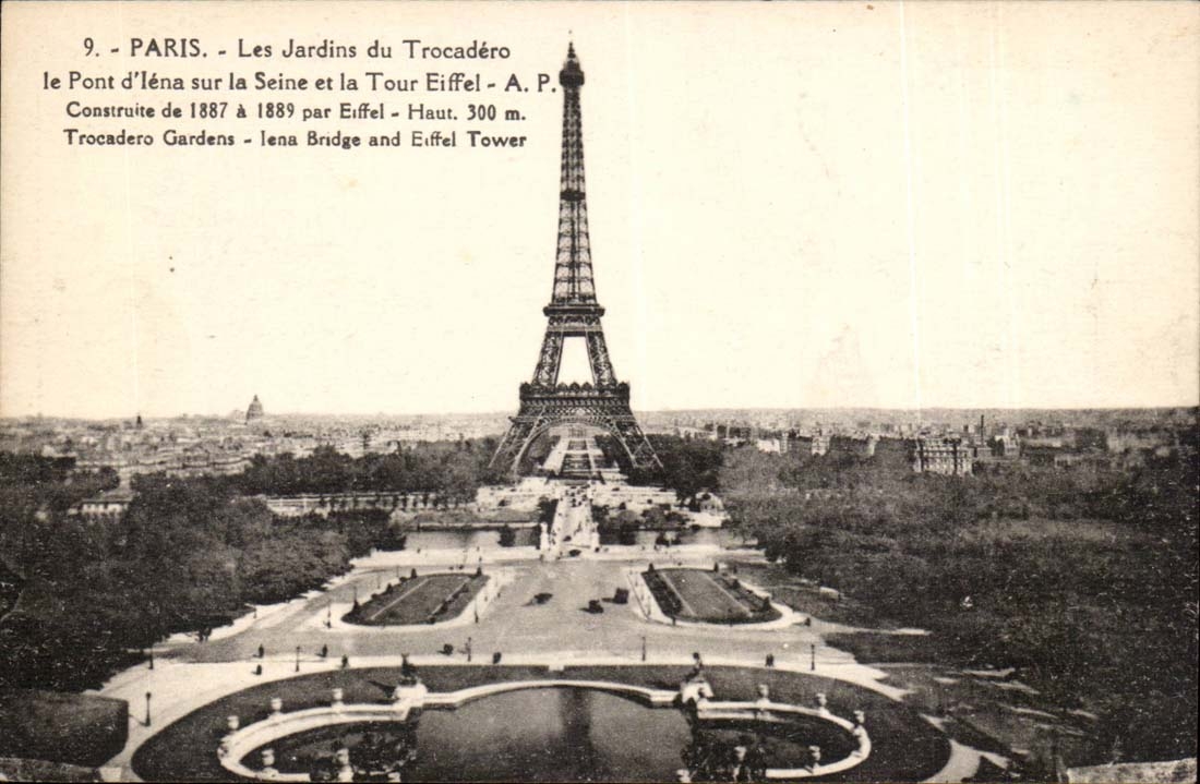 Paris CPA Tour Eiffel Les jardins du Trocadero Pont d'Iena