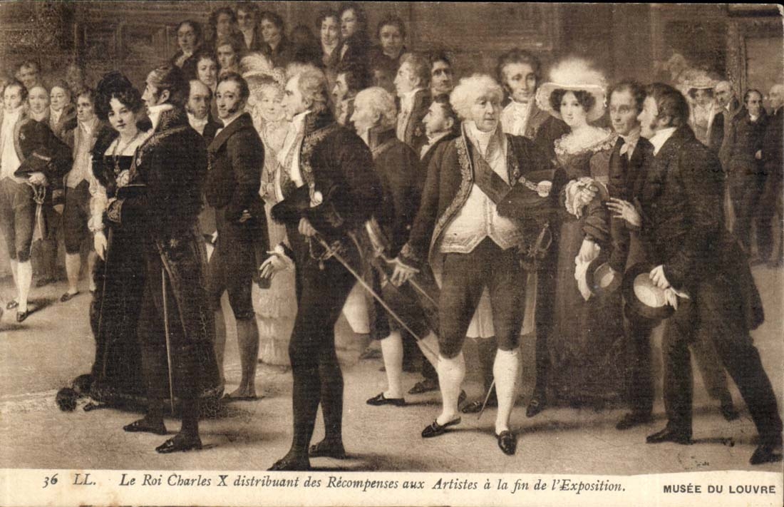 CPA das Verteilen des Konigs Charles X der Belohnungen zu den Kunstlern am Ende des Belichtung Museums des Louvre