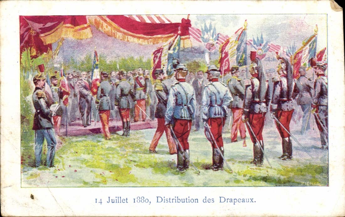 CPA Phantasie 14 Juli 1880-Verteilung der Markierungsfahnen (militaria)