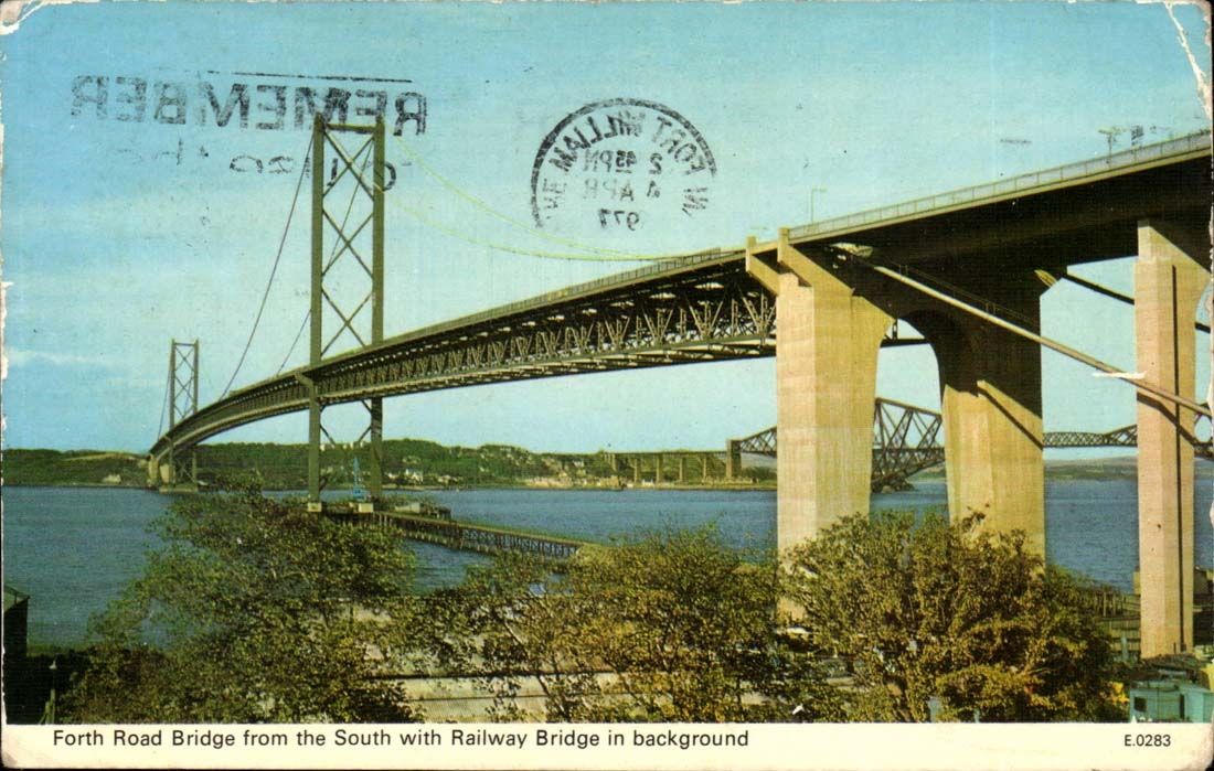 The United Kingdom Forth Road bridge from the South with railway Bridge in background