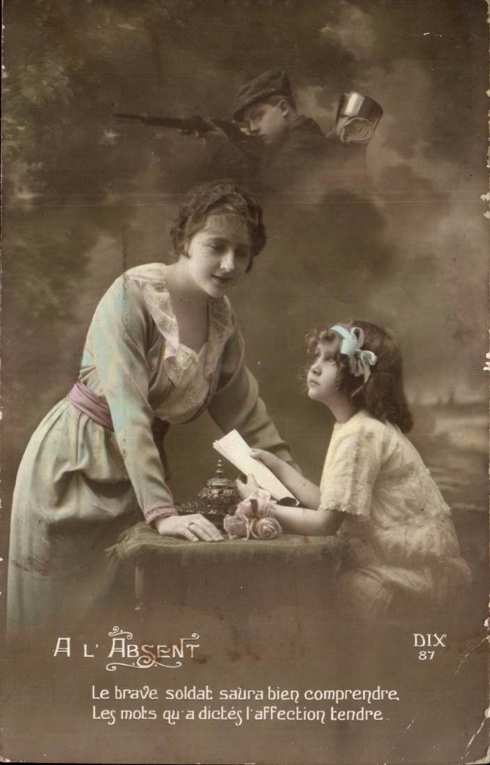 Fantasy - the Absent one - militaria - Mother and daughter writing to balance child - CPA