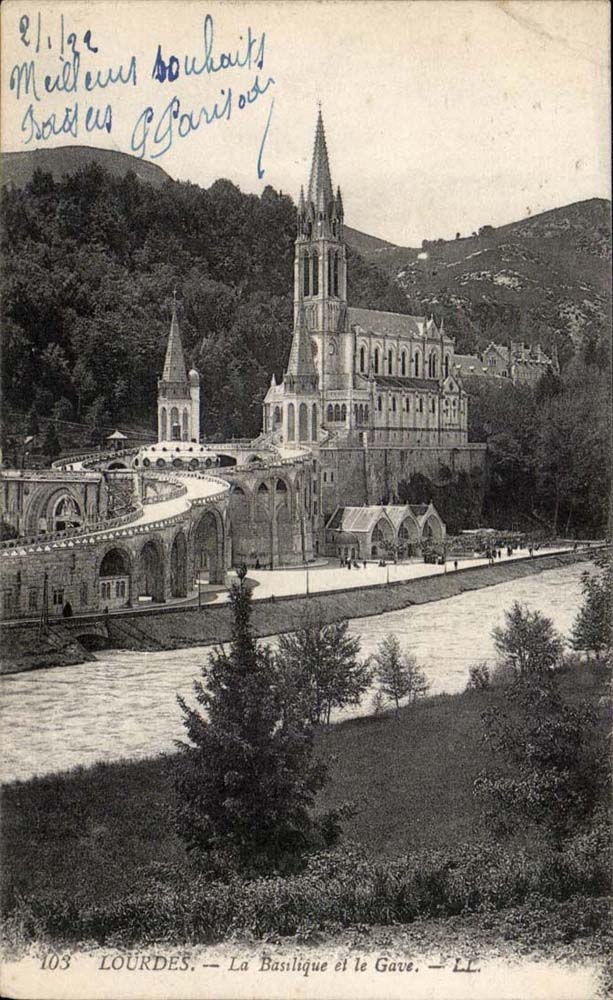 Lourdes - the Basilica and Gave - CPA