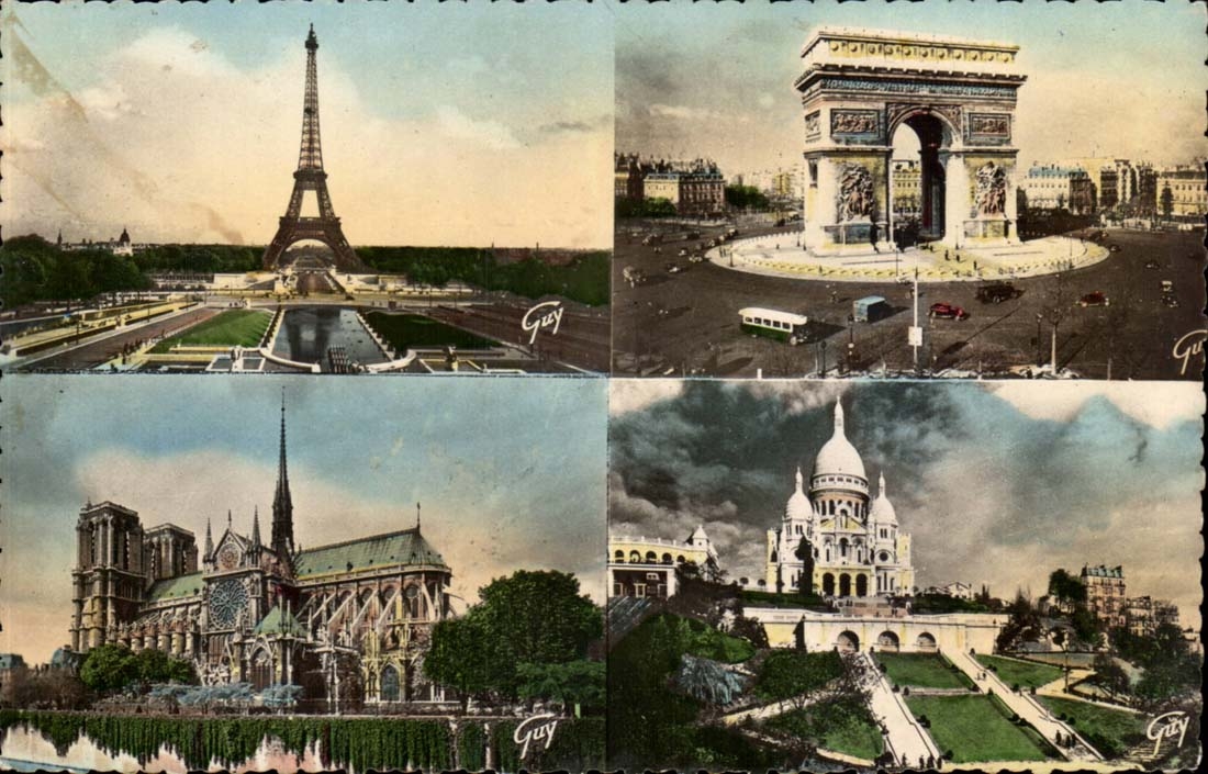 Paris CPM La Tour Eiffel l'arc de triomphe de l'etoile La cathedrale Notre DAme basiliue du Sacre Coeur Montmartre