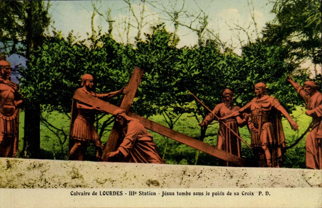Martyrdom of Lourdes CPA 3rd Jesus station falls under the weight from its Cross