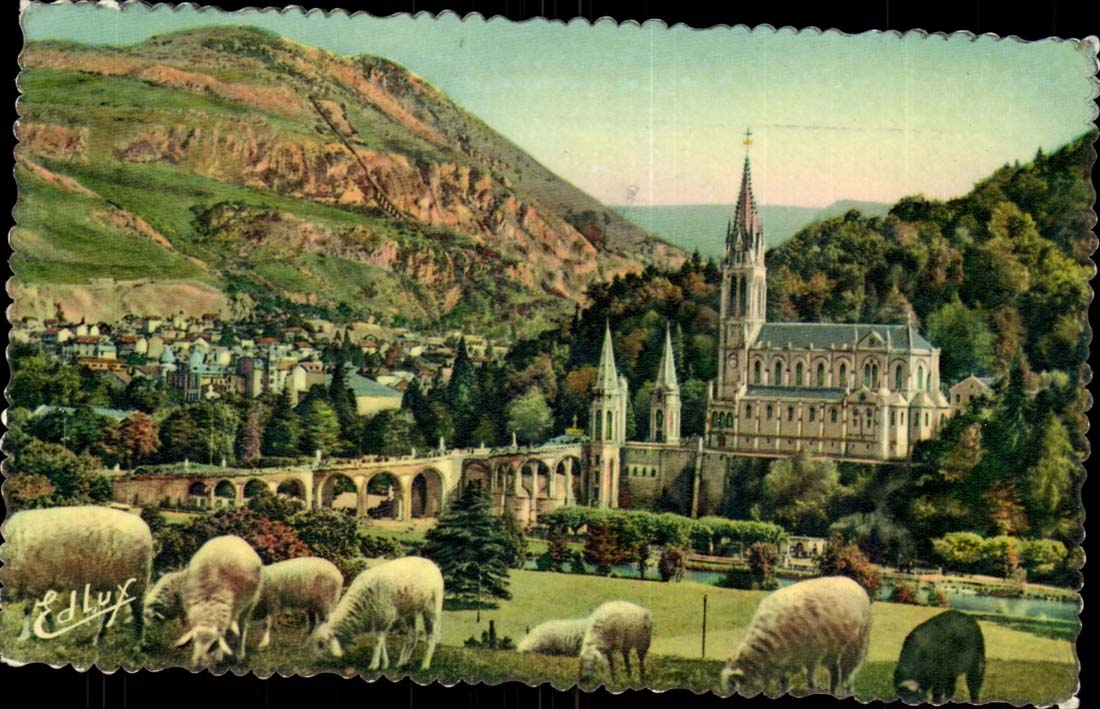 Lourdes MODERN CARD the basilica and the peak of Jer (sheep)