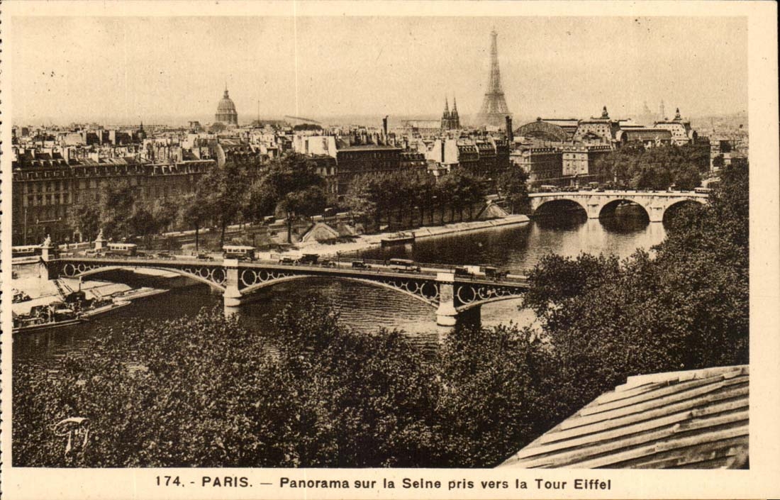 Paris CPA Panorama on Sine taken towards the Eiffel Tower