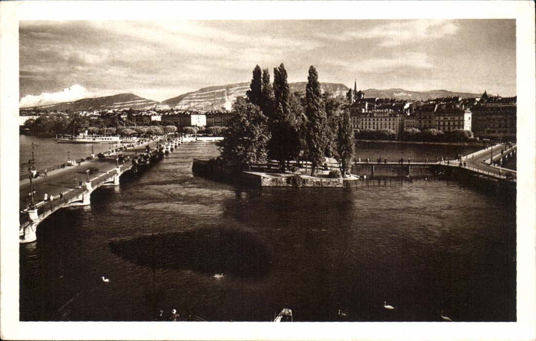 Switzerland Geneva CPA Island Rousseau and Mont Blanc