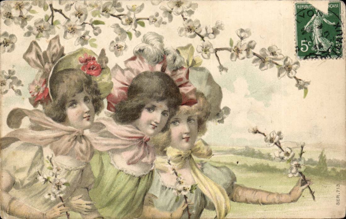 Fantasy - Three woman illustation - three frolicking women surrounded by APPLE blossoms - CPA
