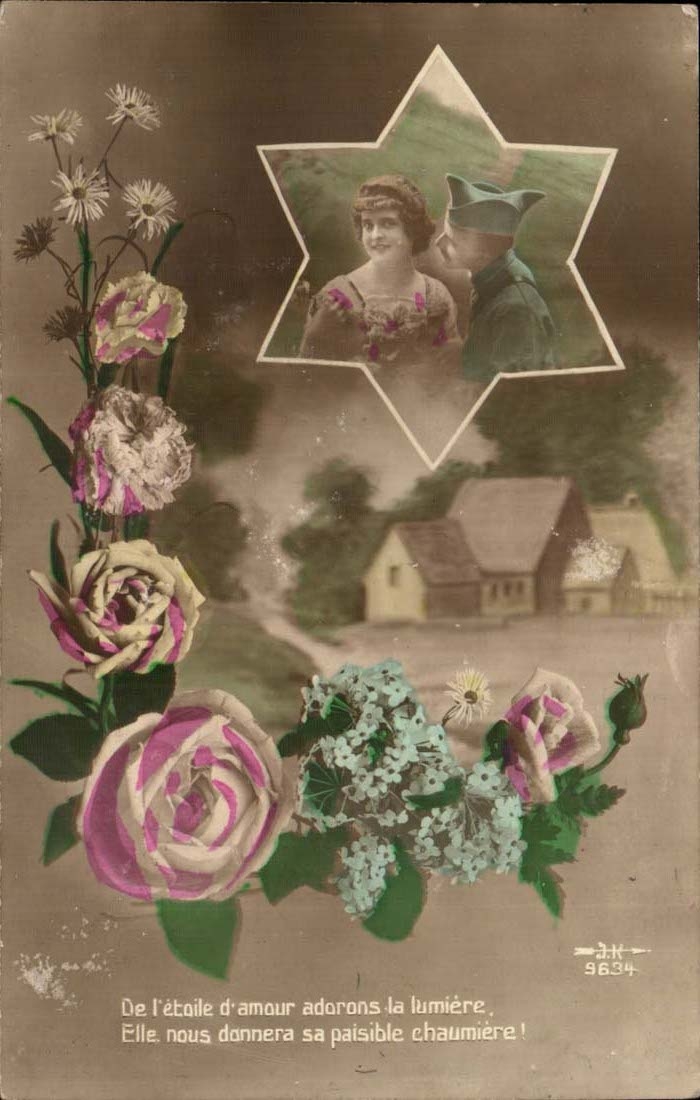 Fantasy - Woman and soldier - star adorans the light it will give us his peaceful thatched cottage - CPA