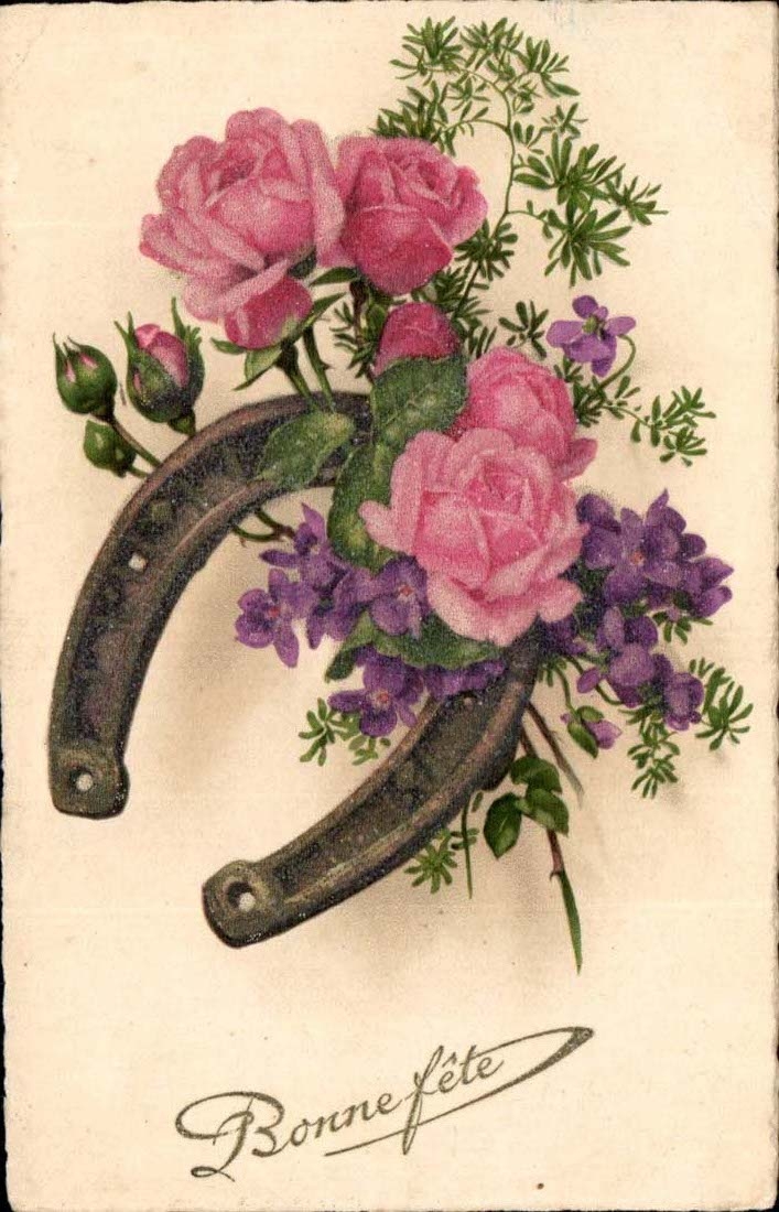 Fantasy - Woman - Good Festival Roses with lucky horseshoe - CPA