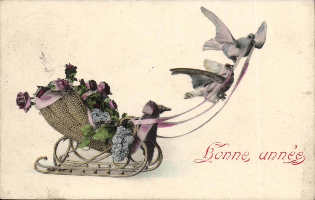 CPA Fantasy Happy New Year Flowers Bird Sledge