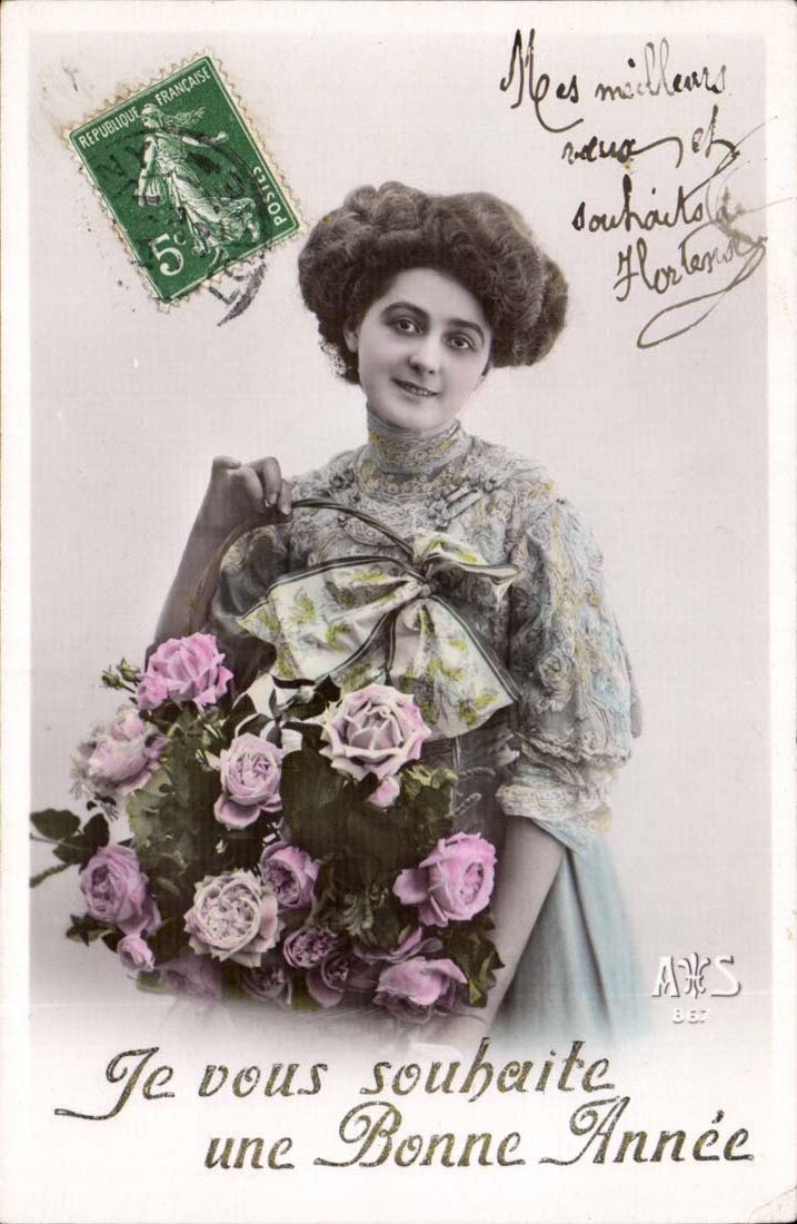 CPA imagination I wish you one happy new year Femme Flowers