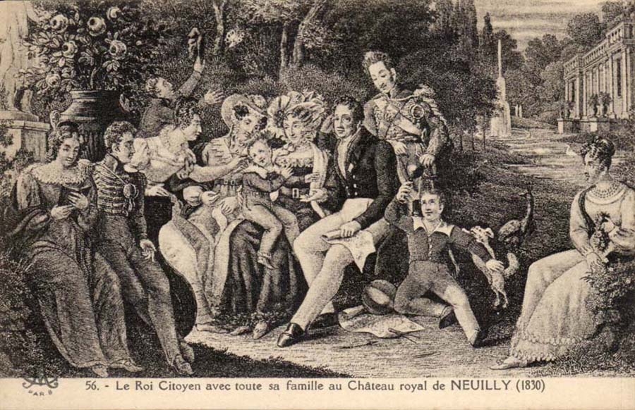 CPA History the king citizen with all his family with the royal castle of Neuilly (1830)