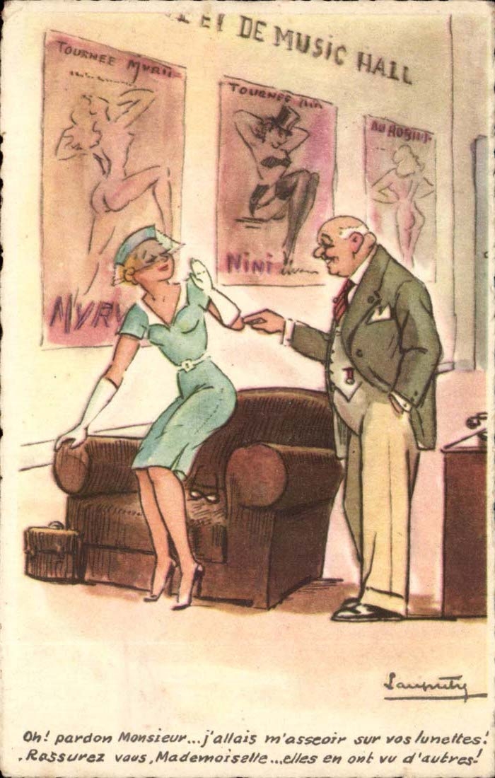 CPA Illustrateur Oh pardon monsieur j'allais m'asseoir sur vos lunettes Music Hall