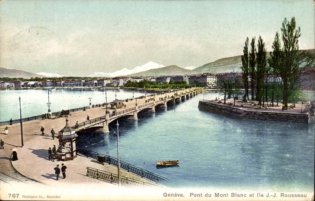 Switzerland Geneva CPA Bridge of Mont Blanc and Ile J J Rousseau