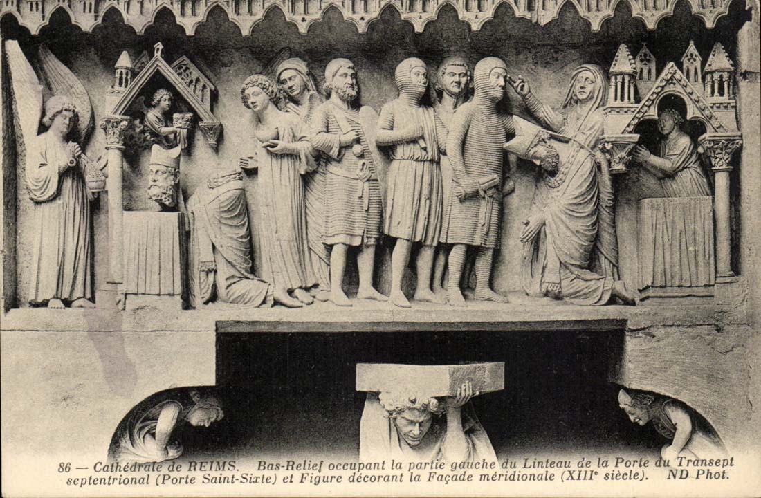 Reims CPA die niedrige Kathedraleentlastung die das Teil des Lintel der Tur des Transept besetzt