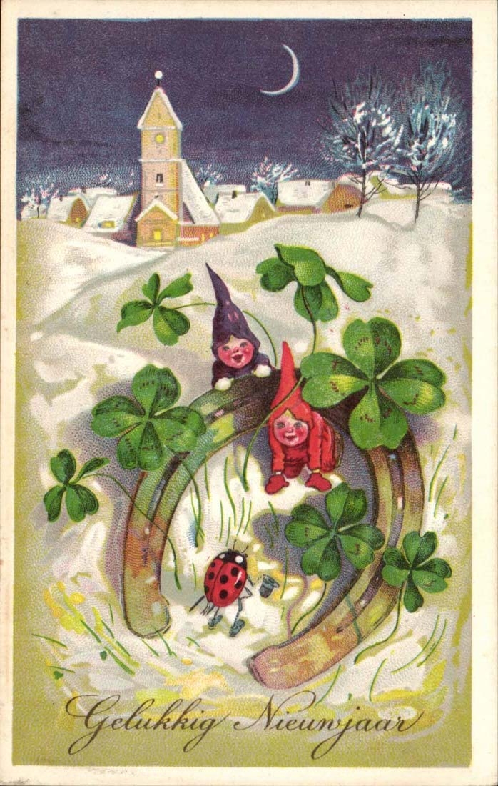 CPA Fantasy Gelukkig Nieuvjaar (imps clover niege ladybird)