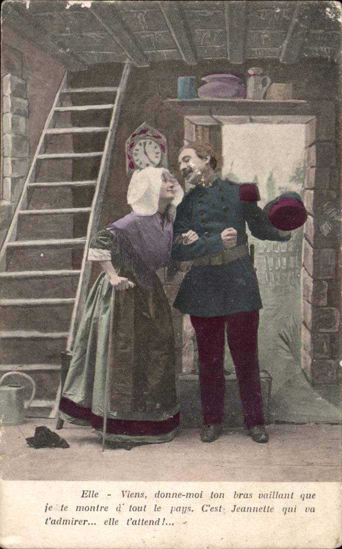 CPA Phantasie die sie kommt gibt mir Ihren Heldenarm den ich Ihnen zeige (militaria Paarstimmung)