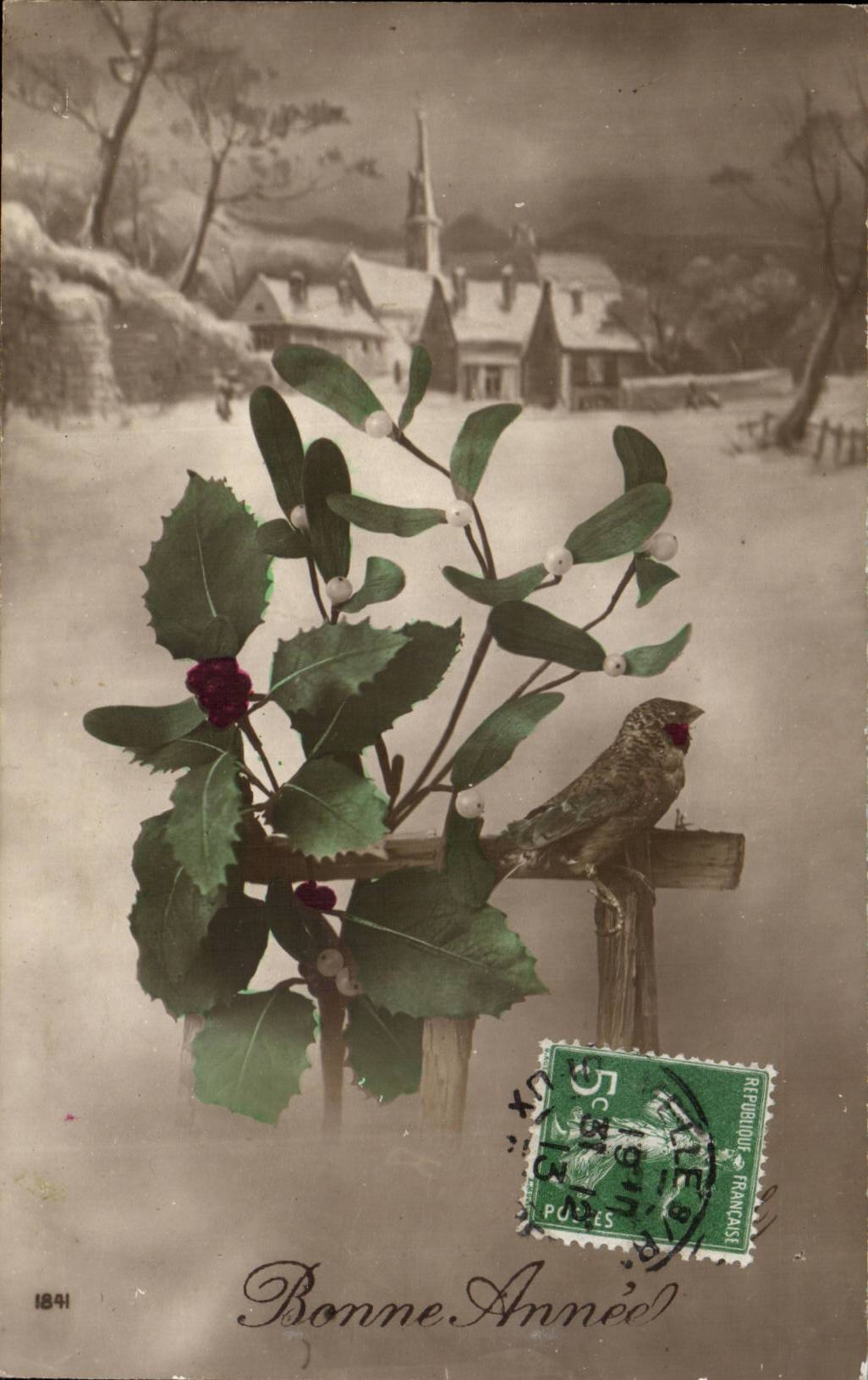 Fantasy - Festival - houx - holly - bird - Happy New Year - CPA