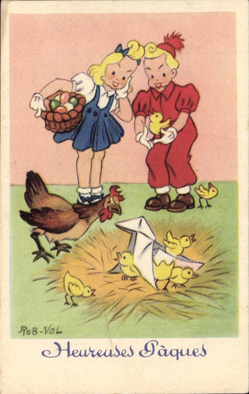 Fantasy - Festival - Child - Happy Easter - chick - cock - eggs - CPA