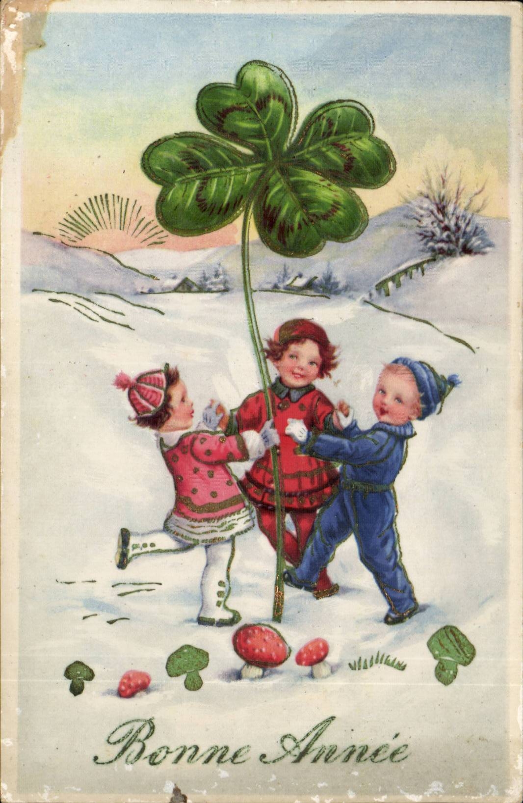 Fantasy - children - Happy New Year - four-leaf clover - furnace leaf clover - CPA