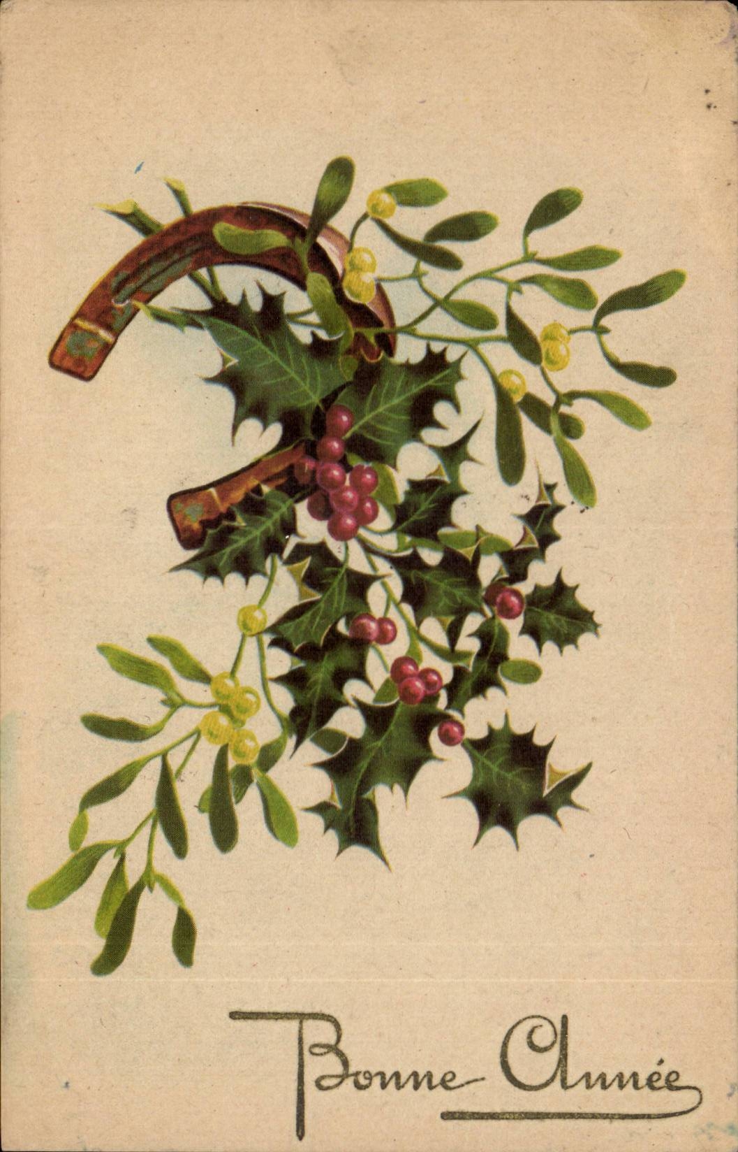 Fantasy - Happy New Year - houx - holly - horse has iron - horseshoe - CPA