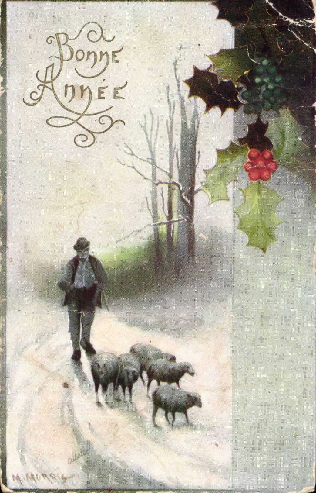 Happy New Year - houx - holly - sheep - fold - tucks post card - CPA
