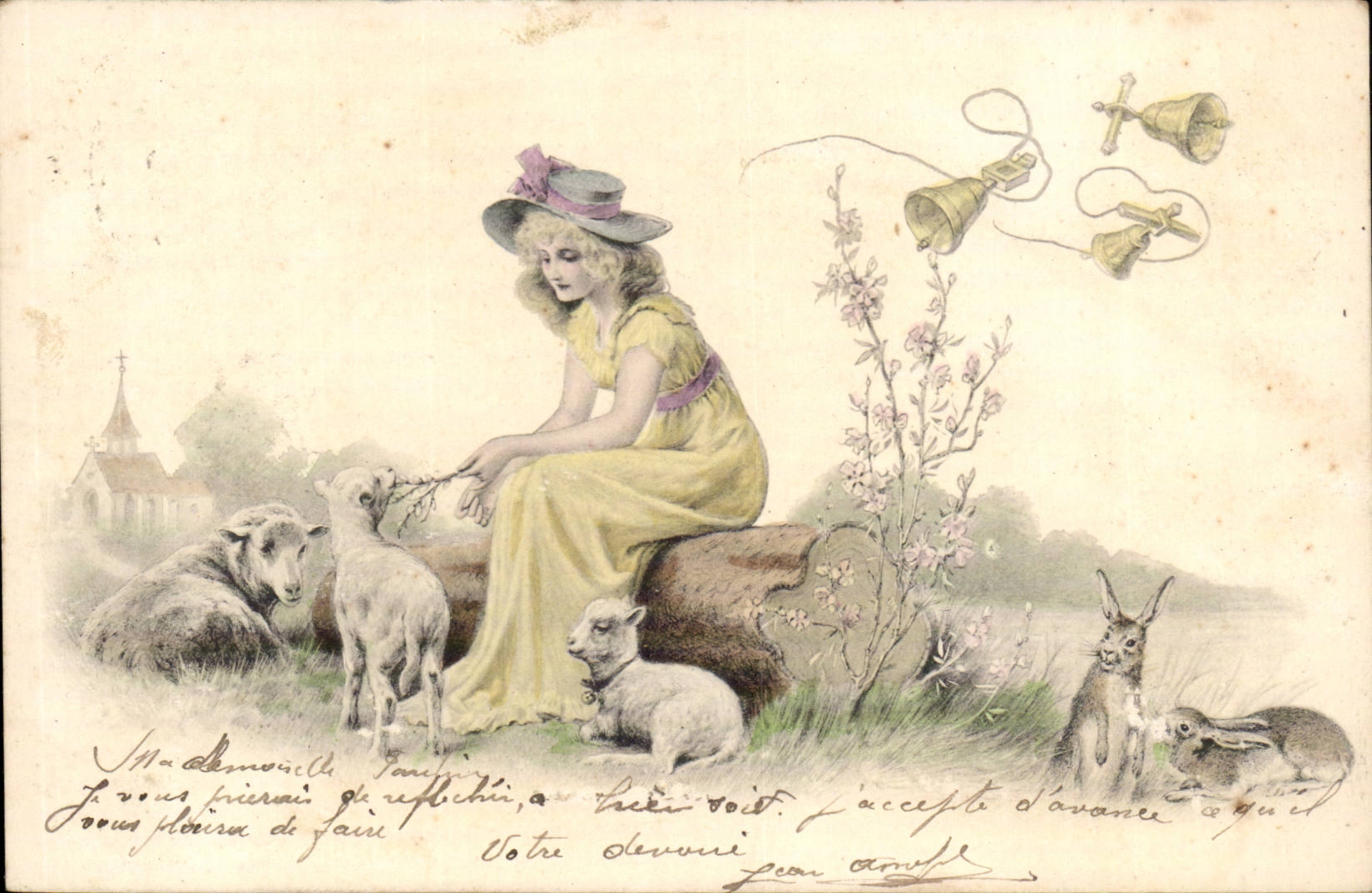CPA Fantasy Woman and lambs Rabbits (rabbits)